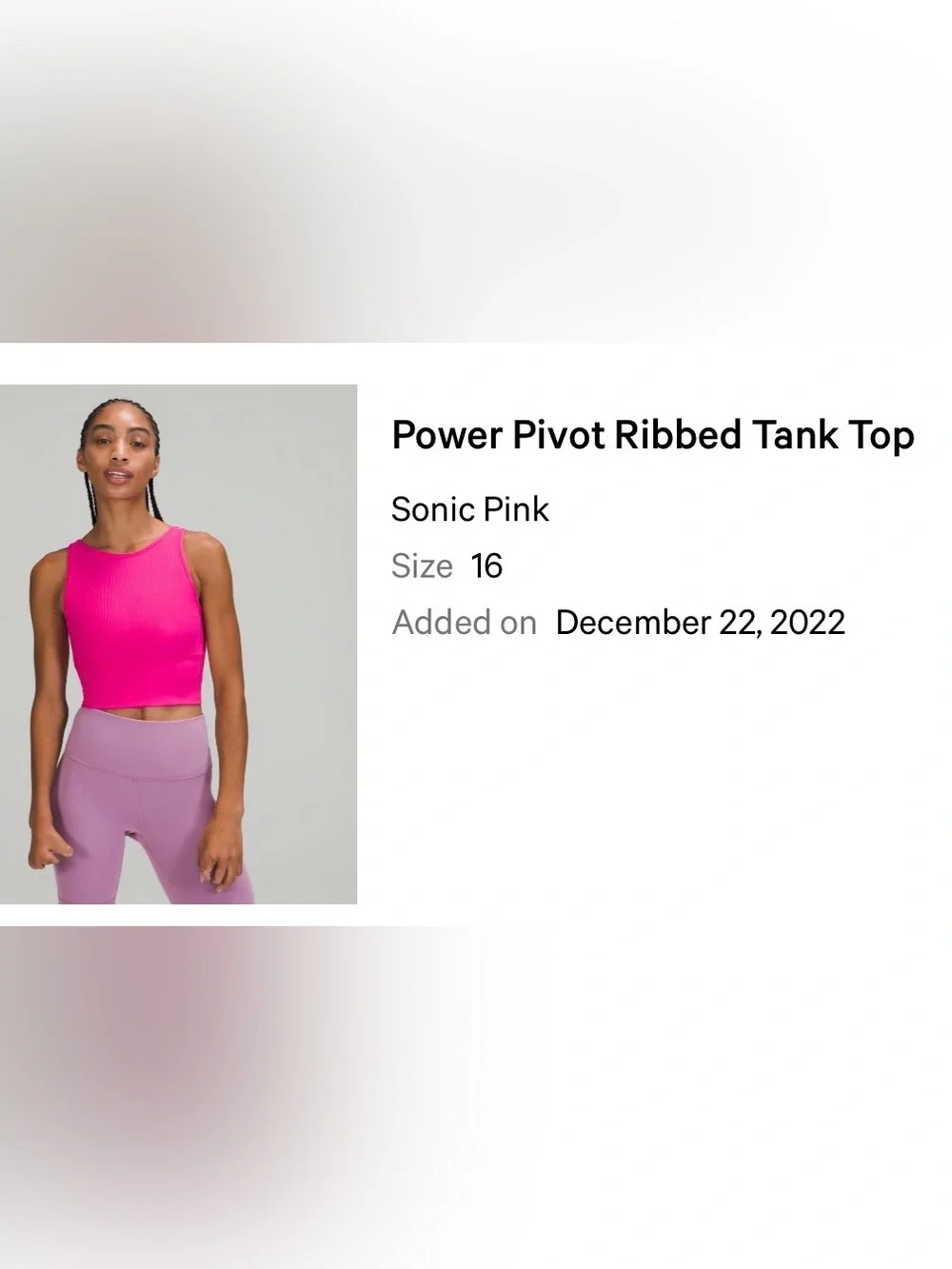 Lululemon power pivot ribbed tank top size 16 sonic pink